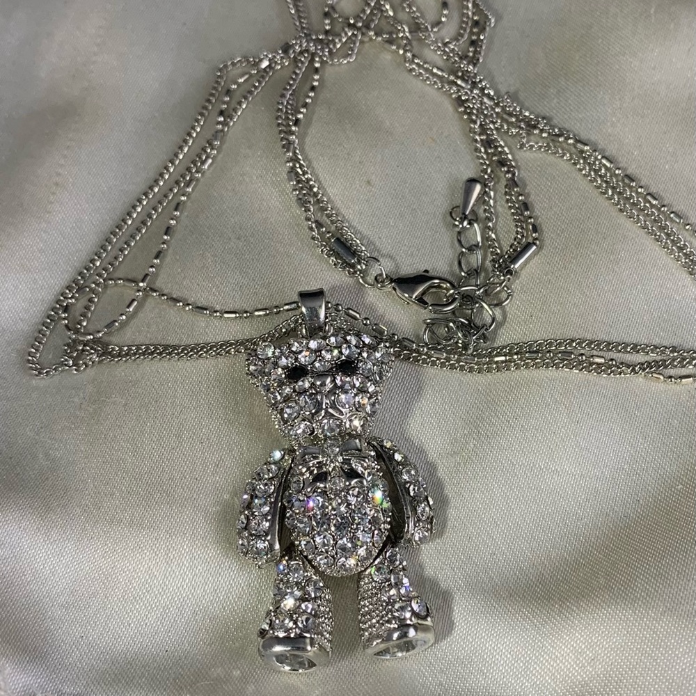 Crystal Teddy Bear Signed Pendant Necklace